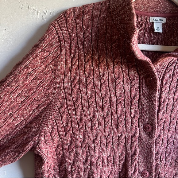 LL Bean Long Cable Knit 100% Cotton Cardigan Heathered Red Sz M Fisherman Preppy - Picture 3 of 12